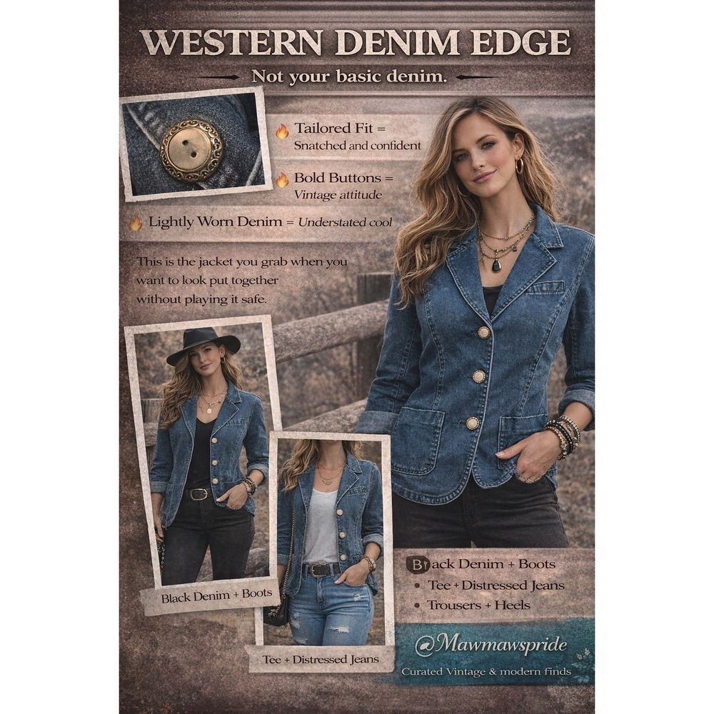 Western Denim Blazer Tailored Fit Medium Wash Vintage Style Ornate Button Jacket